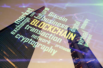 Multi exposure of cryptocurrency theme hologram drawing and city veiw background. Concept of...