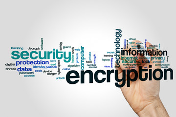 Encryption word cloud concept on grey background