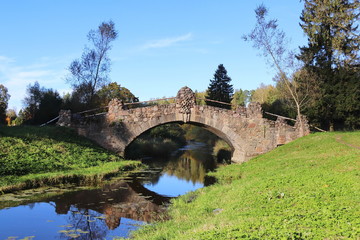 Fototapeta na wymiar Old historical stone bridge on small river in the forest