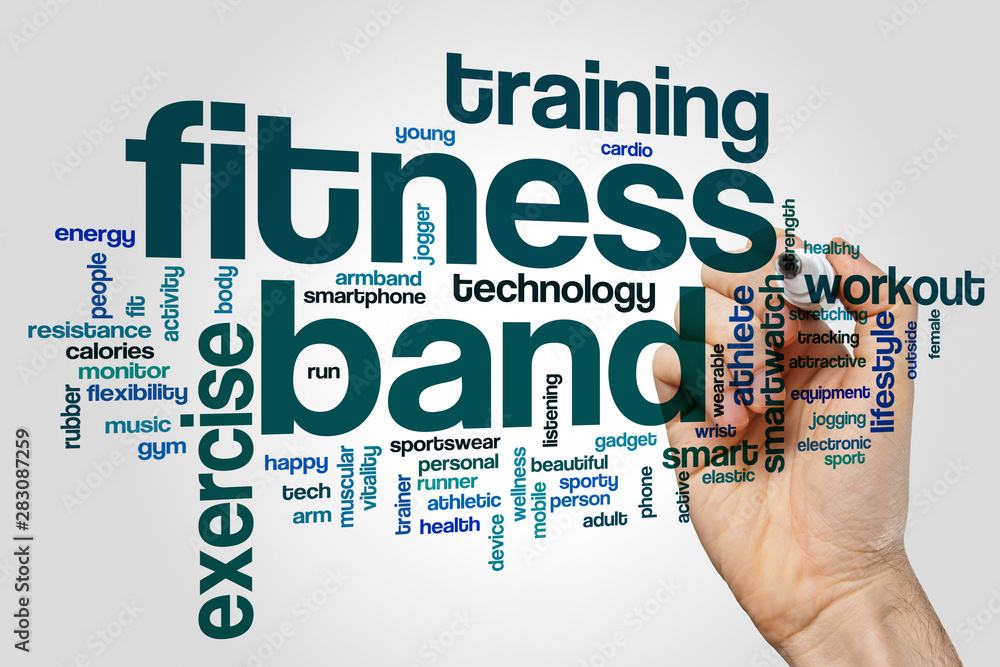 Sticker Fitness band word cloud concept on grey background