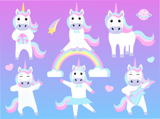 Set of funny unicorns. Cartoon characters playing guitar, dancing, sitting on a rainbow.