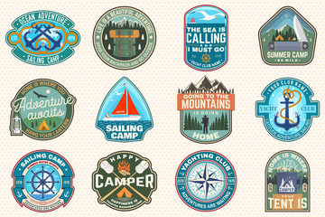 Naklejka premium Set of sailing camp and summer camp patches. Vector. Concept for shirt, print, stamp or tee. Design with sea anchors, hand wheel, sailboat , camping tent and campfire silhouette.
