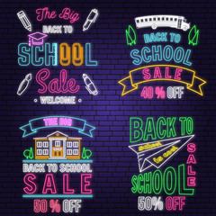 Set of Back to School sale neon design, emblem. Vector. Night neon signboard. For advertising, promotion, poster, flier, blog, article, social media, marketing or banner Back to School sale