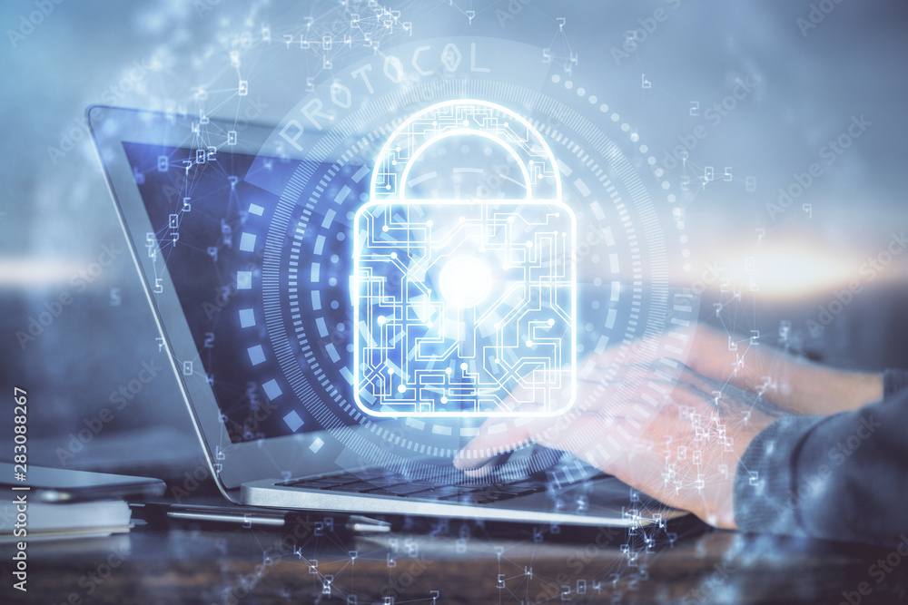 Poster Double exposure of lock icon with man working on computer on background. Concept of network security.