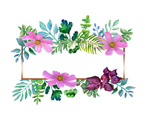 Frame horizontal with floral, flower for invitation card for the wedding. Background with a frame of plants for your text. Watercolor illustration on white background