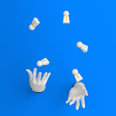 HR management concept, people manipulation, social science, juggling hands with abstract human figures, 3d illustration