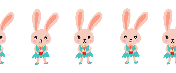 Seamless border bunny holding a cupcake with a candle. Cute vector illustration for kids birthday card, kids decor, invitation card