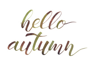 Hello, Autumn. Hand written lettering. Phrase isolated white background. Fall calligraphy.
