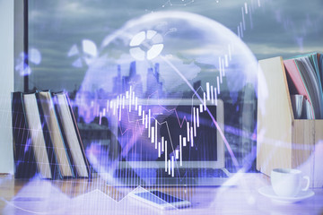 Financial market graph hologram and personal computer on background. Double exposure. Concept of forex.