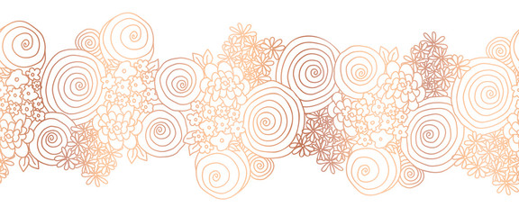 Fototapeta na wymiar Flower border copper foil. Shiny metallic seamless floral vector border rose gold. Flowers Repeating background 