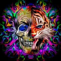 Human skull with colorful spots on dark background 