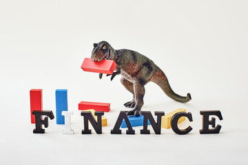 Finance word created with alphabet letters. Dinosaur toy standing with a red block in a mouth near multi-colored wooden blocks in the background