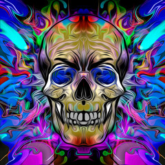 Human skull with colorful spots on dark background 