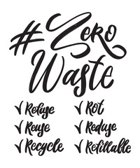 Zero waste hand written lettering words: refuse, reuse, recycle, rot, reduse, refillable. Plastic free design on white background