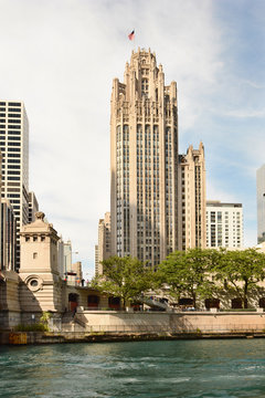 CHICAGO, ILLINOIS - AUGUST 22, 2015: Tribune Tower. Completed in 1925 in the Gothic style, the Tribune Tower is one of the most recognizable buildings in Chicago.