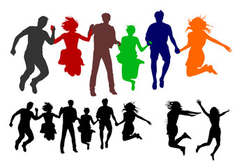 Black and colored silhouettes of  a  large company that hold each other's hands and jump together up