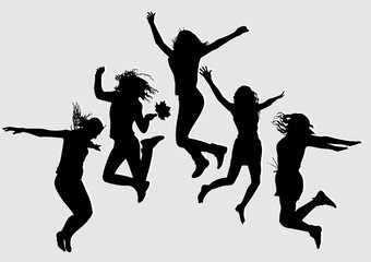 Black  silhouettes of young joyful girls on a gray background  that jump up
