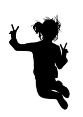 Fototapeta na wymiar Black silhouette of a little joyful girl on a white background that jumps up