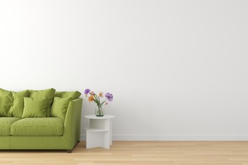 Interior of living scene white wall,  wooden floor and green sofa setup for advertising with empty space for text. 3d render