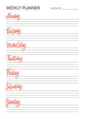 Planner for week. To Do list. Names of weekdays. Hand drawn lettering on coral background. Modern brush vector calligraphy