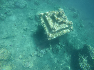 Underwater ruins of ancient temple building. Ocean discovery. Under water sea treasure. Sunken...