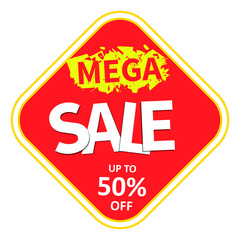 Mega sale sticker template. Promotional word art. Red tag. Sale tag vector. Special offer sale tag. Promotional sale price.