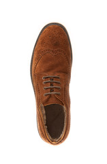 view from above one brown suede shoe with fur and shoelace isolated cut off on white background