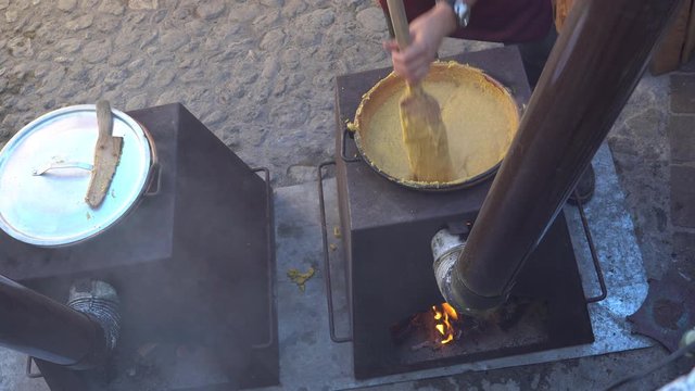 very rare video of traditional polenta in Rango Trentino town in Italy