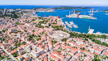 Aerial shoot of Arena ancient Roman amphitheater Old town Pula, Istra region, Croatia.