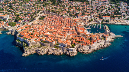 Dobrovnik, Croatia from above. Aerial drone footage of the historic city of Dubrovnik. City walls,...