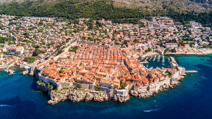 Dobrovnik, Croatia from above. Aerial drone footage of the historic city of Dubrovnik. City walls,...
