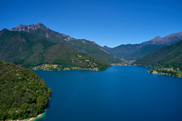 Obraz premium Aerial photography with drone. Panoramic view of Lake Ledro in the north of Italy In the Alps.