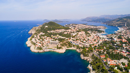Dudrovnik, Croatia. Aerial view on the old town. Vacation and adventure. Town and sea. Top view from drone at on the old castle and azure sea
