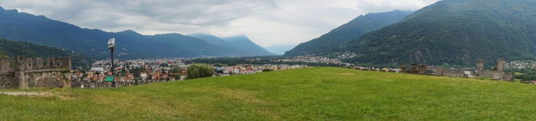 Panorama of the town of Bellinzona and Castelgrande castle in Switzerland from the observation deck