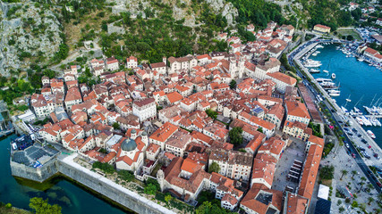 Aerial view of Kotor or Cattarois a coastal town in Montenegro located in a secluded part of the Gulf of Kotor.