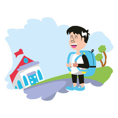 Naklejka premium cute little student boy with bag education and school building