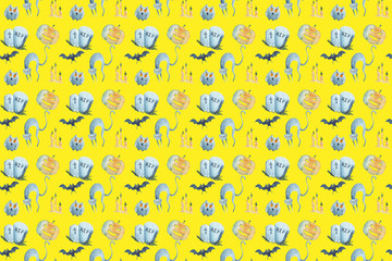 Watercolor seamless pattern on Halloween on yellow background. Hand-drawn ,cemetery theme.