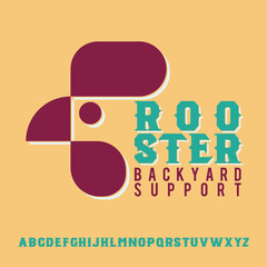 Rooster. Flat logo with serif retro typeface. Backyard support badge.