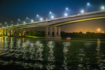 Bridge over the river at night. The lights on the bridge. Voroshilov bridge. Rostov-on-don.