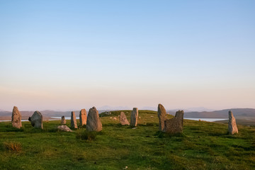 Callanish III site at dusk, famous site of standing stones from 4000 years ago.