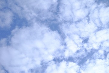 White fluffy clouds against blue sky in bright day for background texture 