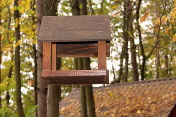 Wooden bird feeder in the autumn park
