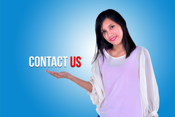 Smiling girl showing open hand palm with text CONTACT US