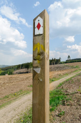 Signpost for walkers along the hikingtrail in the Belgian Ardennes