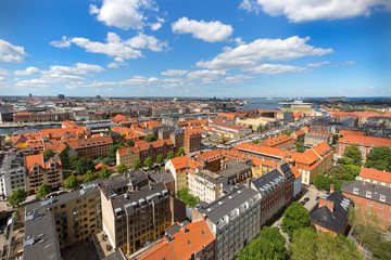 Fototapeta na wymiar Aerial view on the city from the spiral tower Church of Our Saviour, Copenhagen, Denmark