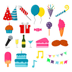 birthday icons. party celebration. carnival festive items isolated on white background. vector Illustration.