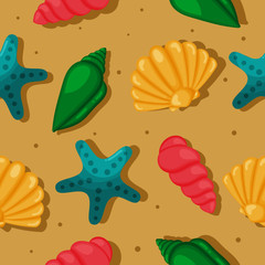 Fototapeta na wymiar colorful sea shells seamless pattern. tropical shells underwater on sand background. vector Illustration.