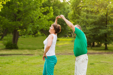 Senior couple dancing in park on sunny day