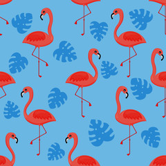 flamingos and palm leaf seamless pattern on blue background. tropical trendy. vector Illustration.