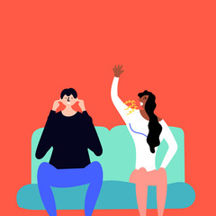 Girl yells at a guy. The young man ignores and does not listen to the girl. Stressful situations quarrel. Editable Vector Illustration